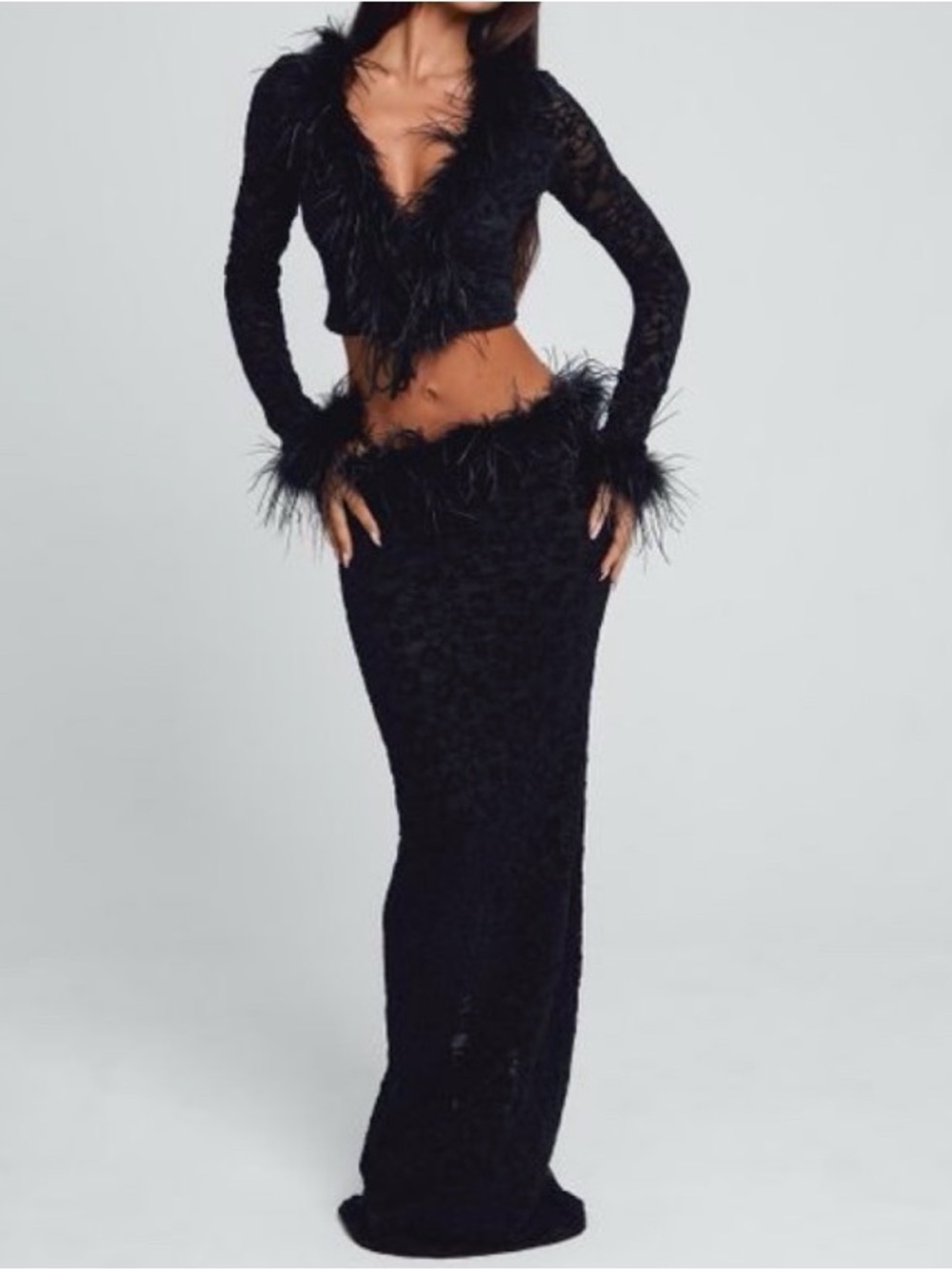Black Feather-Trim Maxi  Top and Skirt with Matching Waist Detail #217
